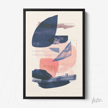 framed abstract artwork in shades of blue and pink with black frame