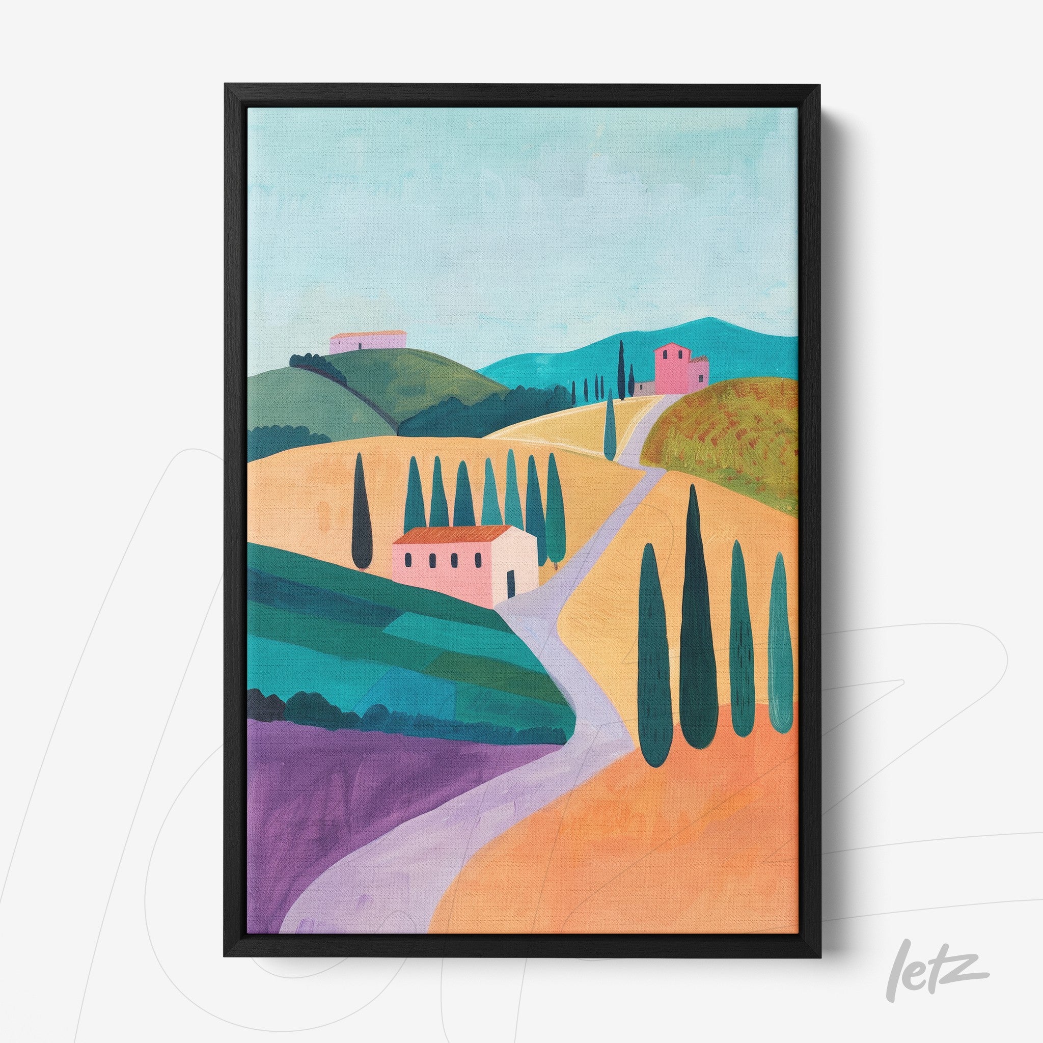 framed artwork depicting a colorful rural landscape with green hills and pink buildings