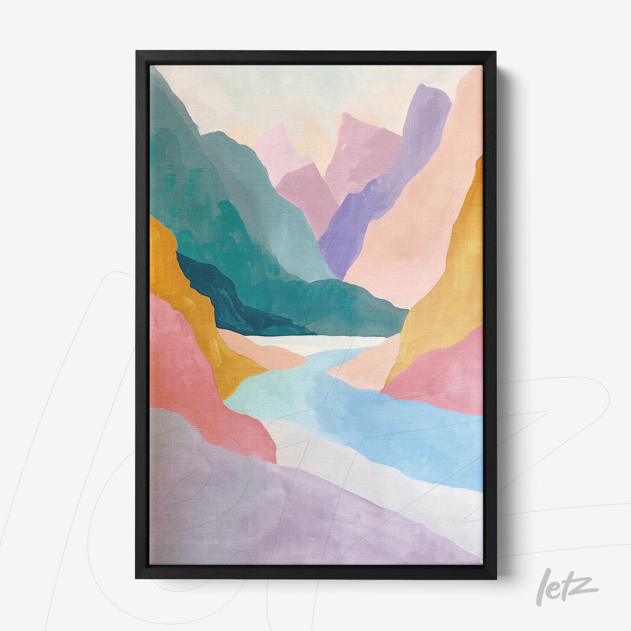 framed abstract artwork of a mountain landscape with vibrant colors