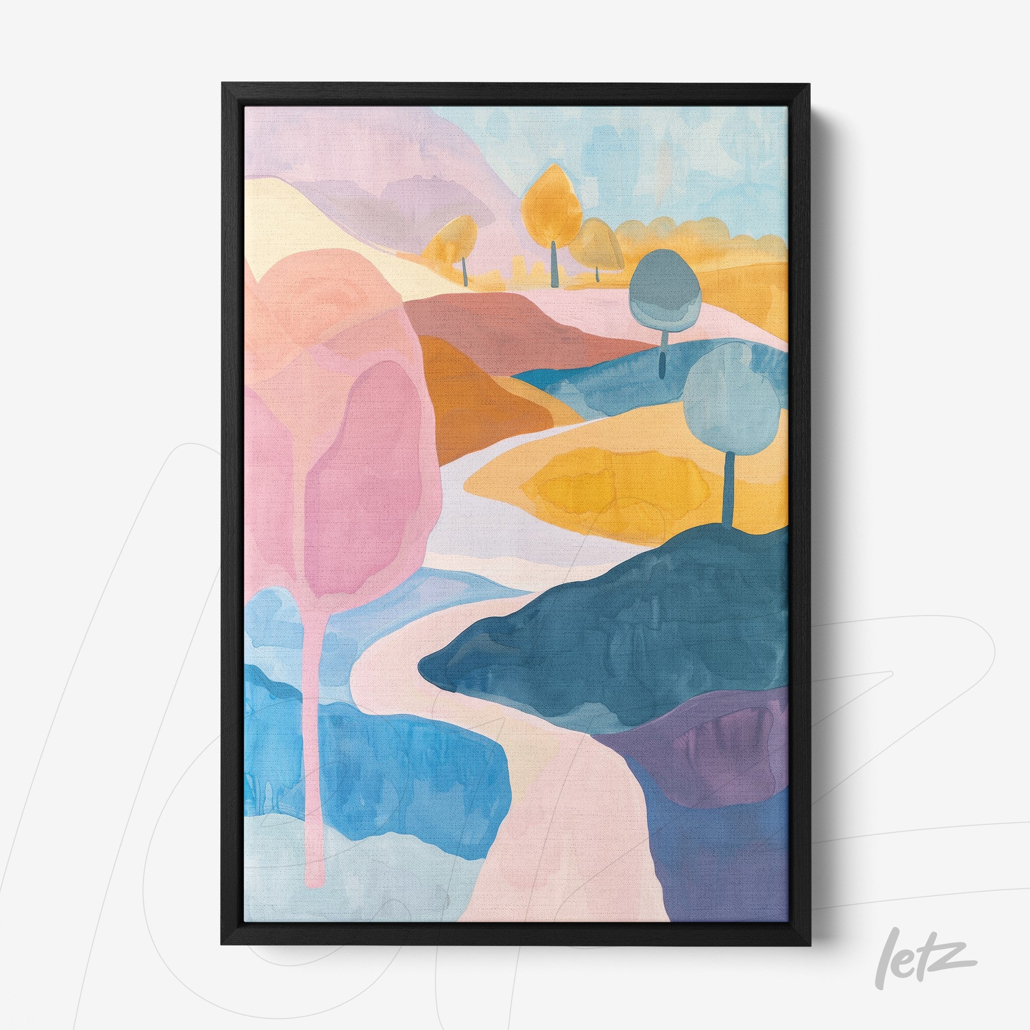 framed artwork featuring an abstract landscape in pastel colors with hills and trees in a black frame