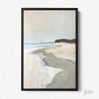 framed wall art featuring an abstract coastal landscape with sand, water, and vegetation in black frame