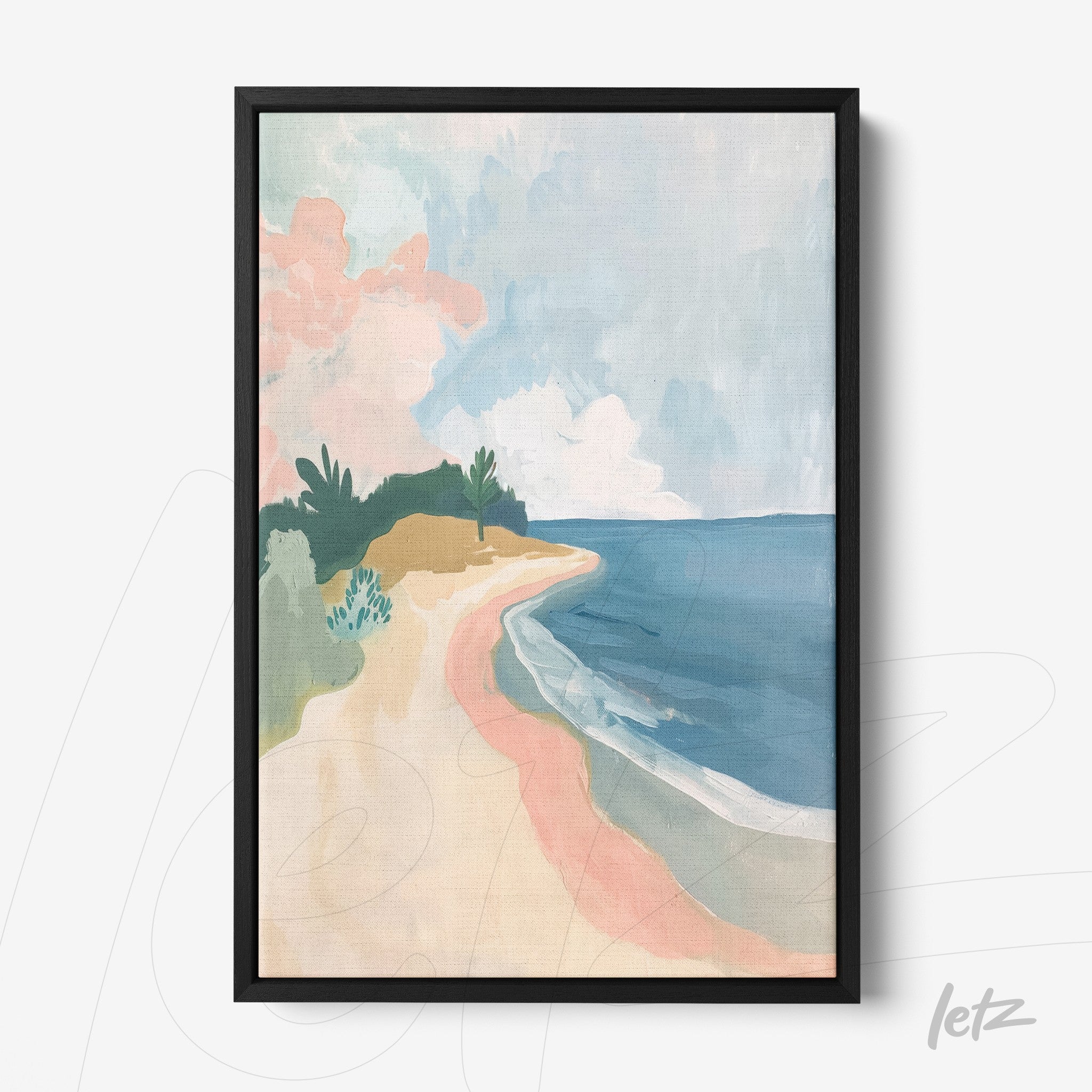 abstract wall art of a beach in pastel tones with black frame