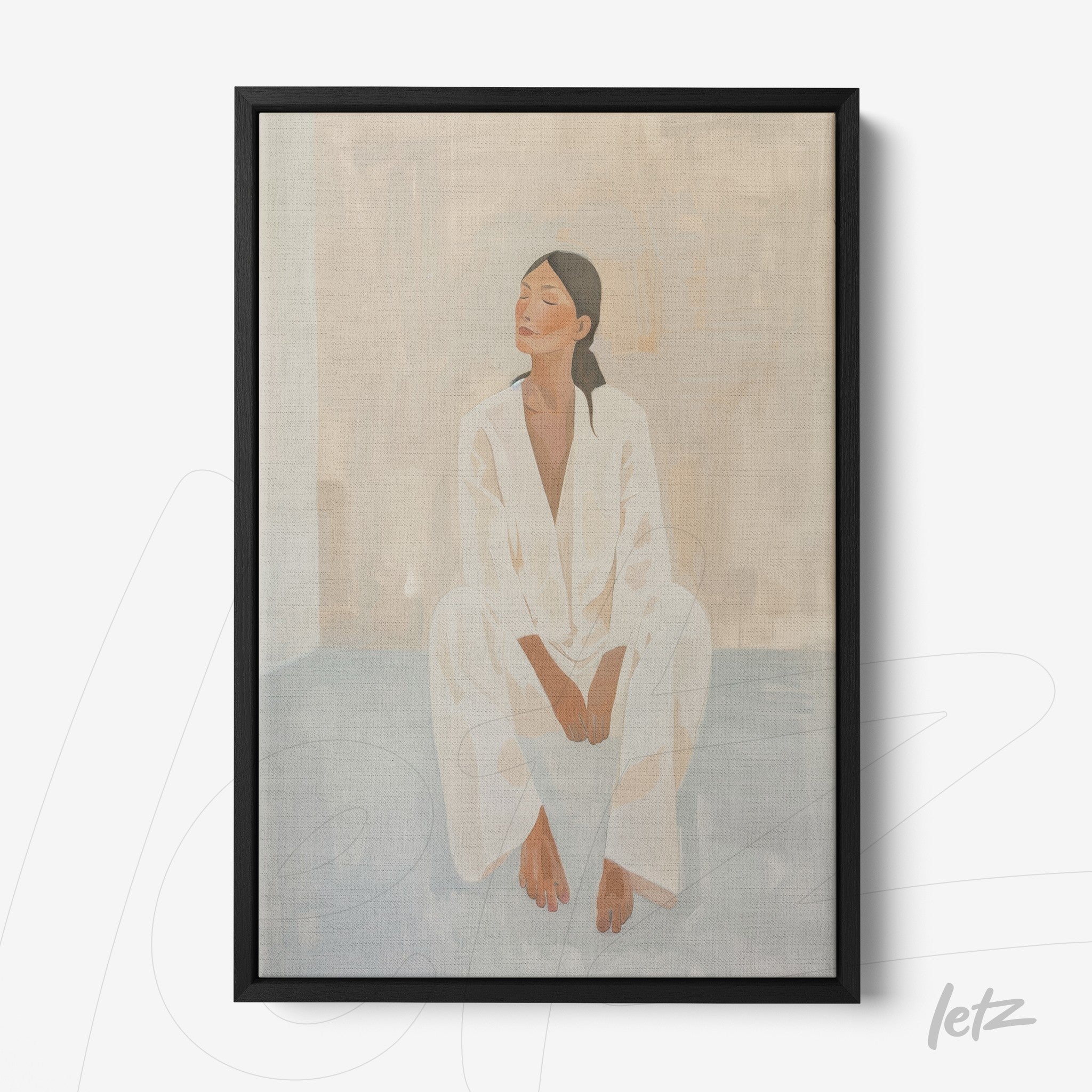 framed minimalist artwork of a seated woman against a neutral background with a thin black frame