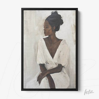 framed artwork depicting a woman in a white dress with a black frame