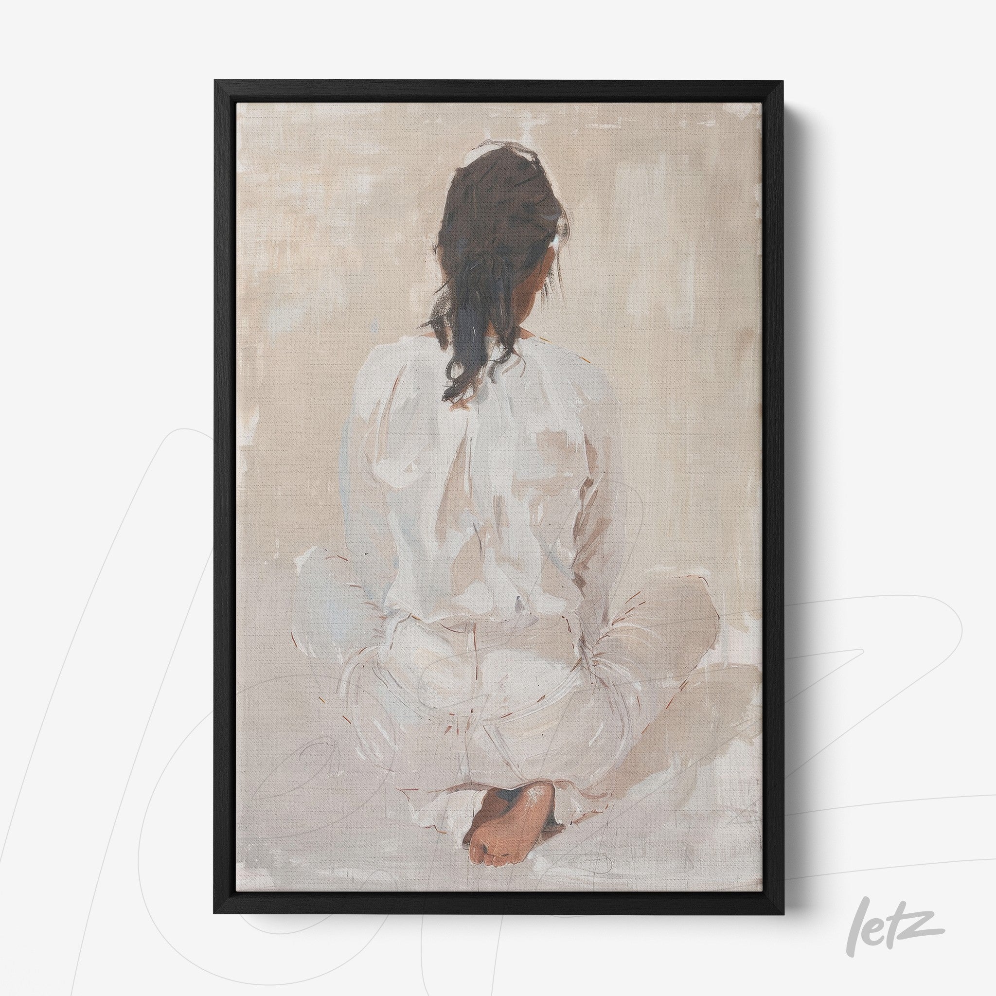 minimalist framed artwork depicting a woman sitting with her back to the viewer, set against a neutral background
