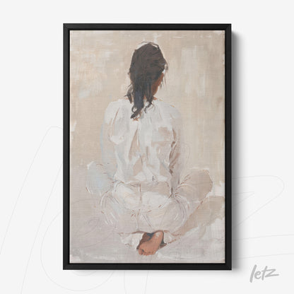 minimalist framed artwork depicting a woman sitting with her back to the viewer, set against a neutral background