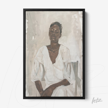 framed artwork of a woman in white blouse against a neutral background with black frame