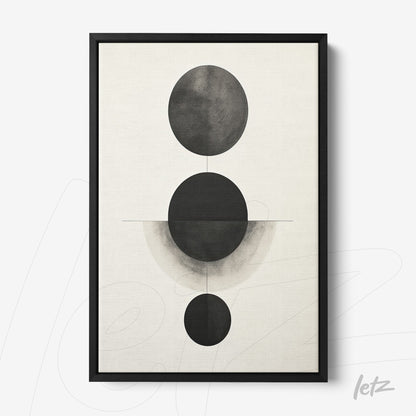 framed art print featuring abstract black and gray circles on a light background