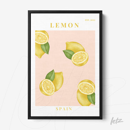 framed art featuring lemons on a pink background with a thin black frame