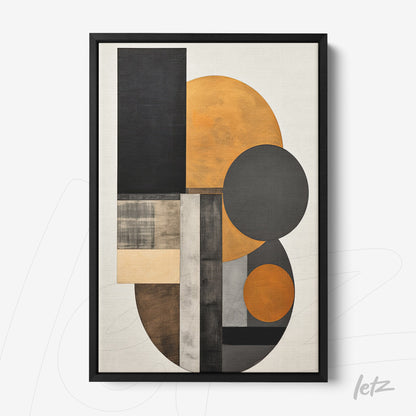 framed wall art featuring abstract composition of geometric shapes in shades of orange, black, and gray