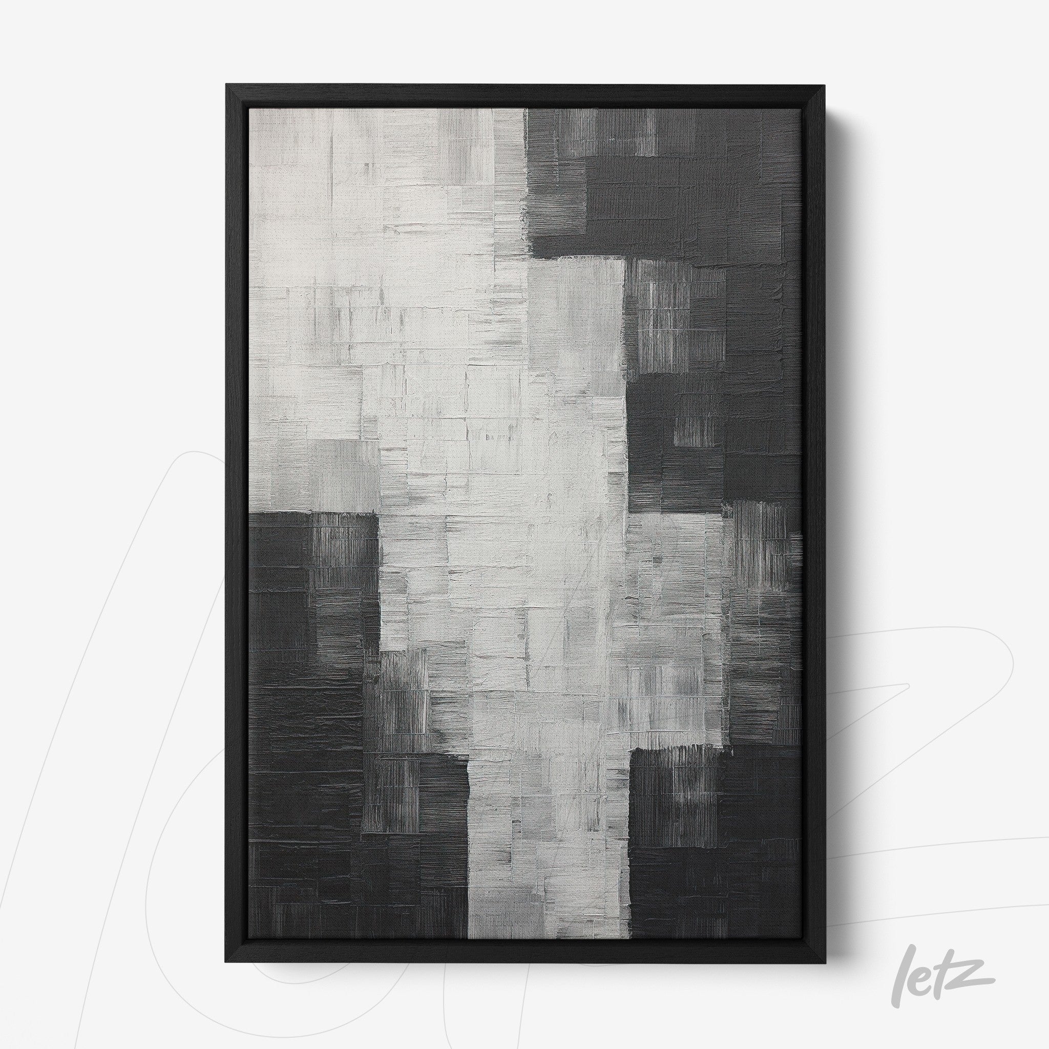 abstract wall art in black and white with smooth texture in black frame