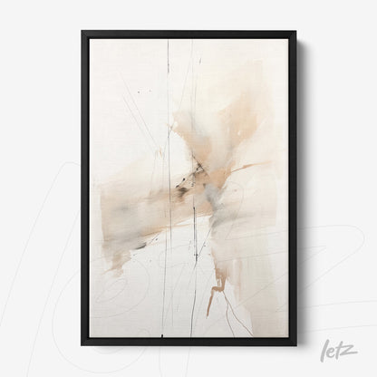 abstract wall art in neutral tones on light background, framed with black frame