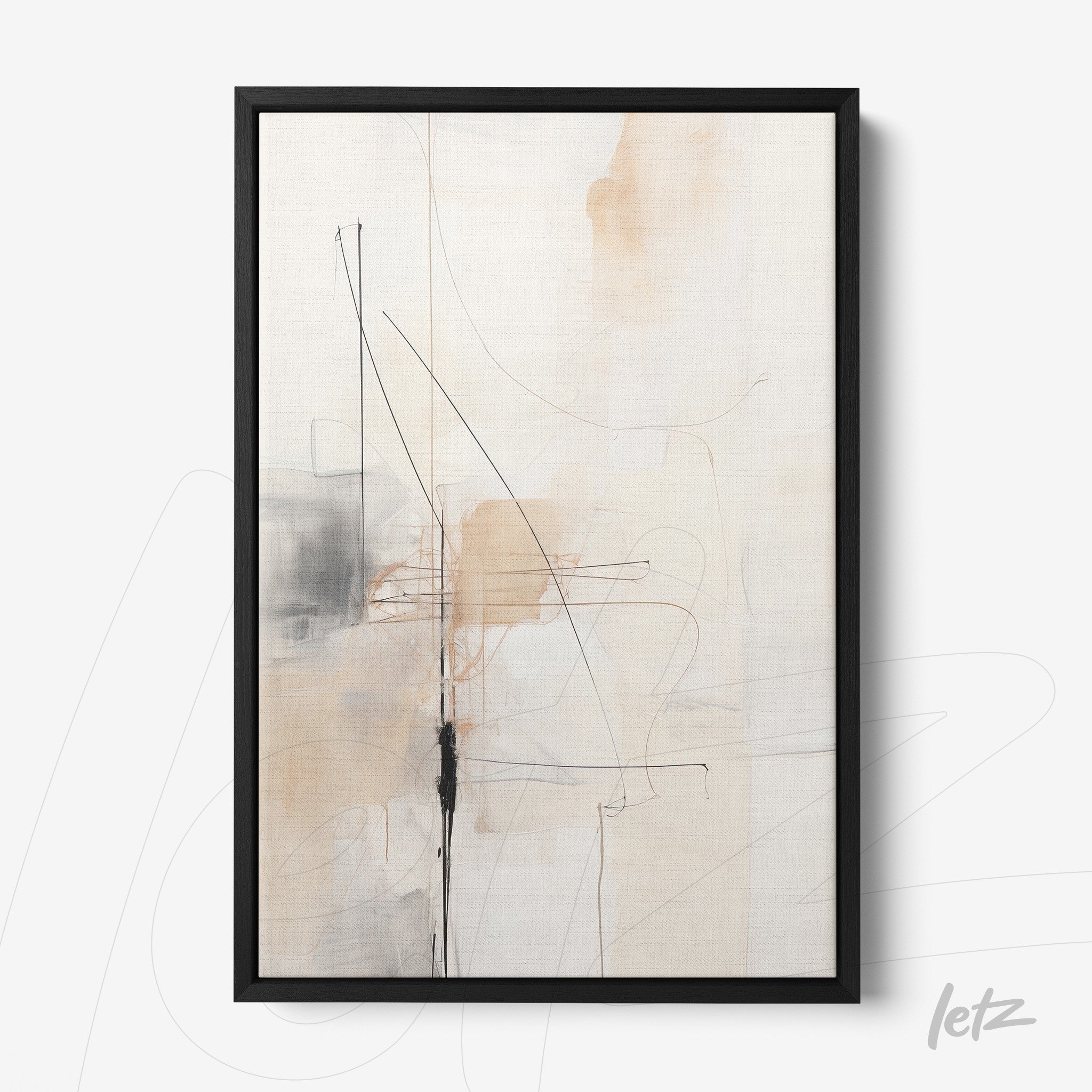 abstract wall art in neutral tones with black lines and thin black frame