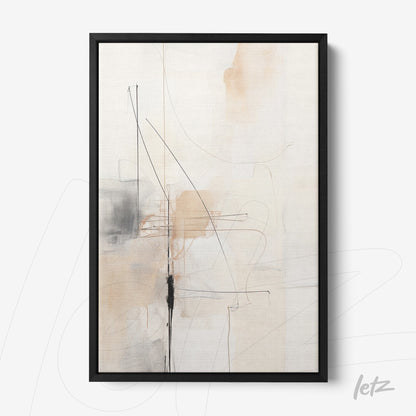 abstract wall art in neutral tones with black lines and thin black frame
