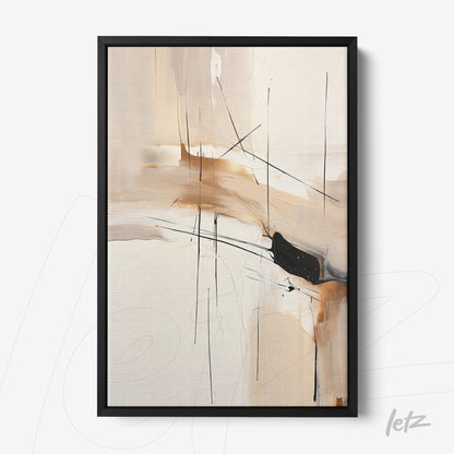 abstract artwork in beige and black tones framed in black frame