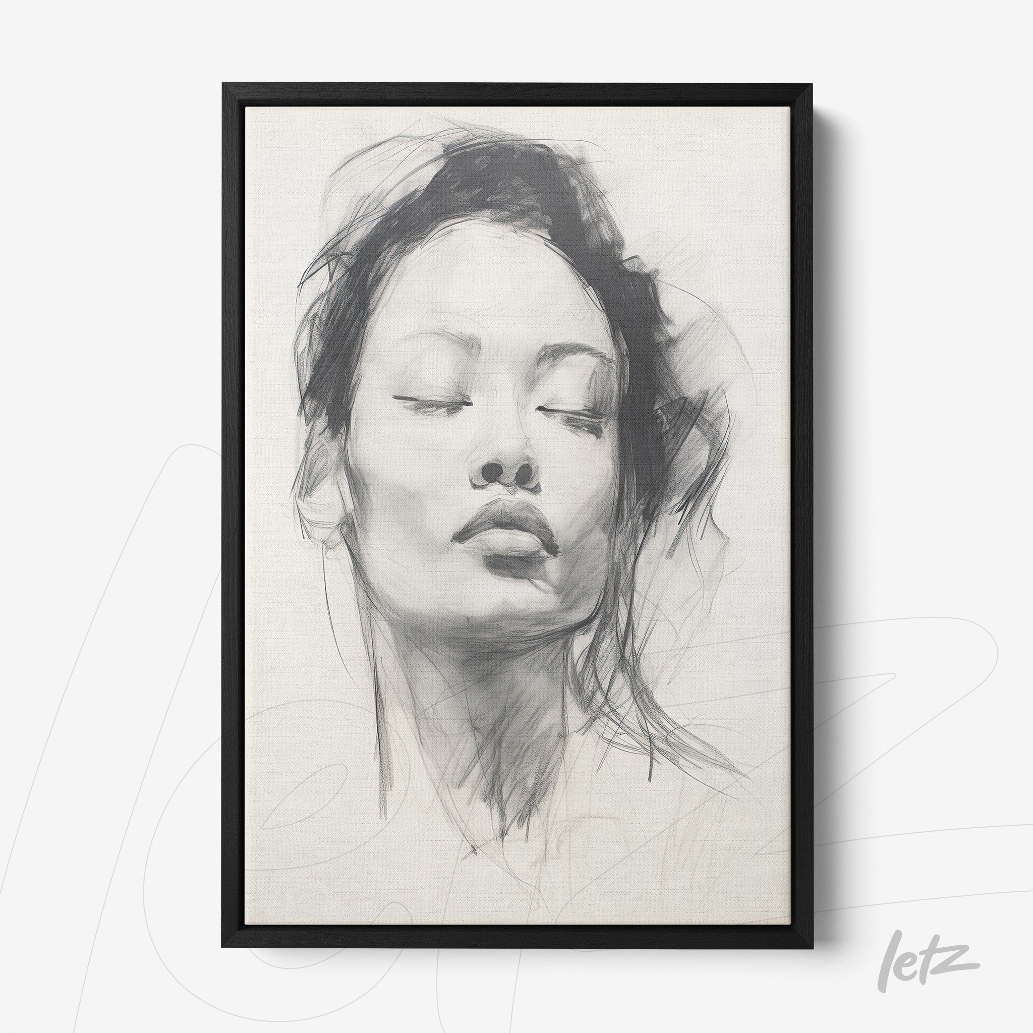 framed minimalist portrait art of a woman with closed eyes in a thin black frame