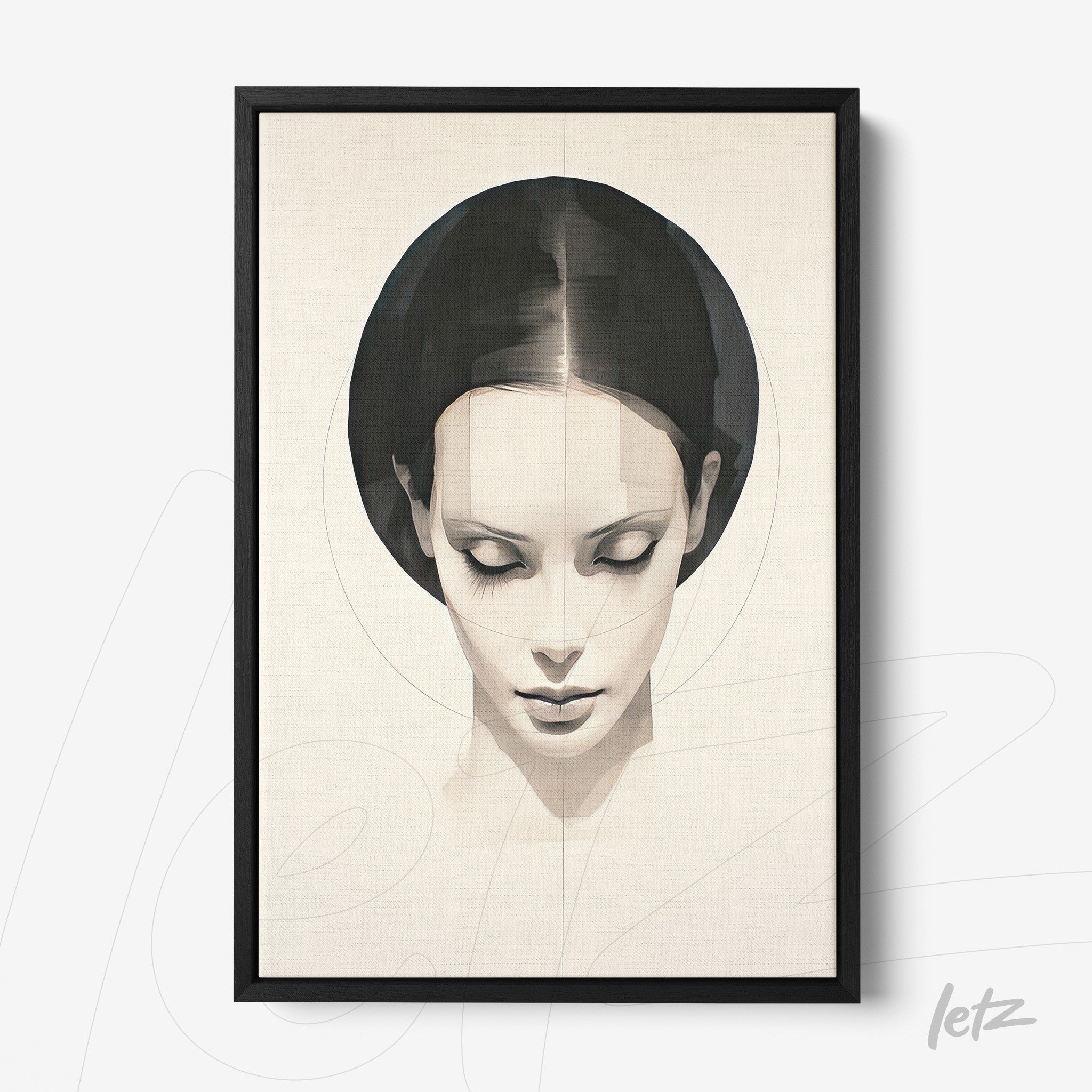 framed wall art featuring a digital portrait of a woman against a light background