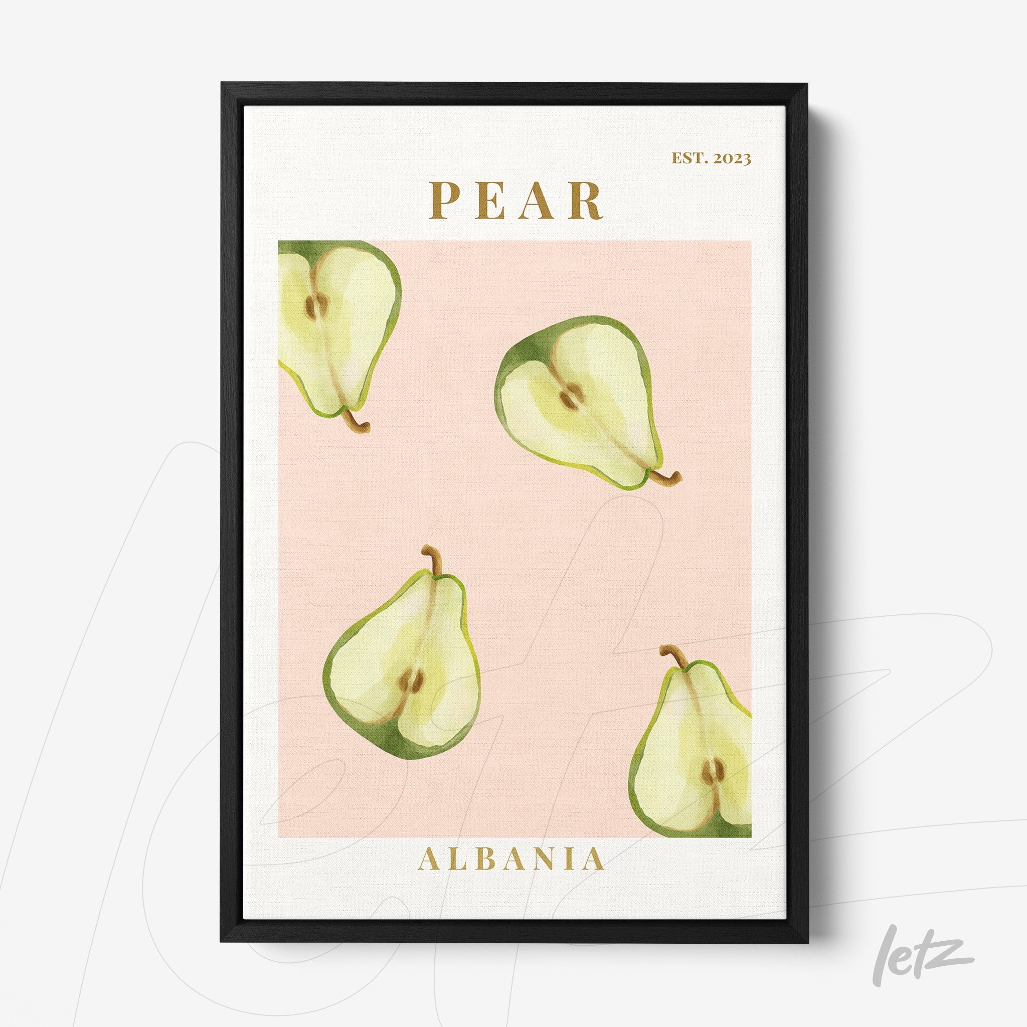 framed artwork featuring light green pear illustrations on a pink background with black frame