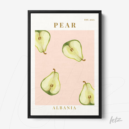 framed artwork featuring light green pear illustrations on a pink background with black frame