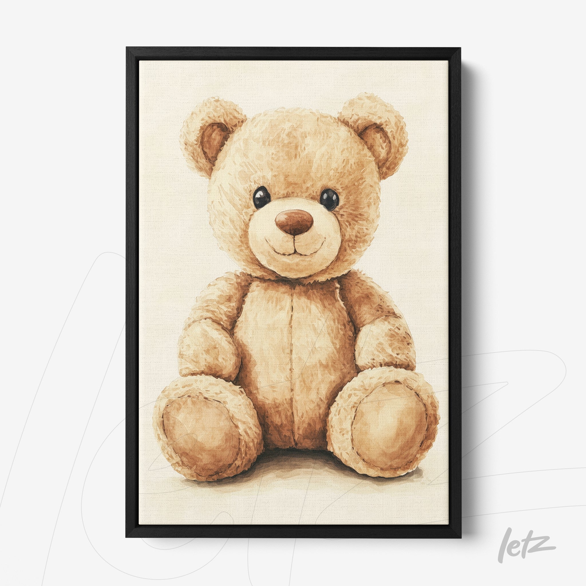 framed wall art of a sitting teddy bear with black frame
