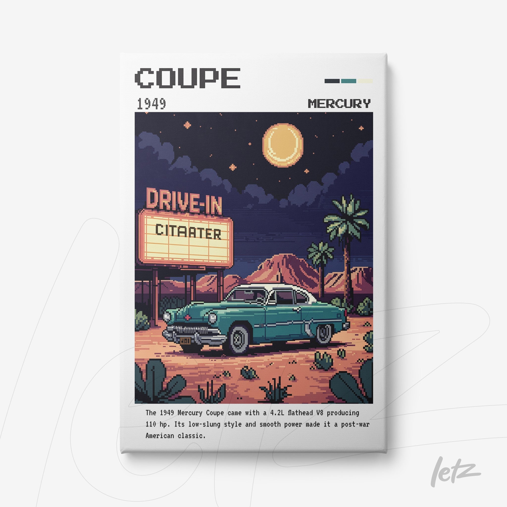 retro digital art of a 1949 Mercury coupe in a nighttime desert scene with a full moon and drive-in sign