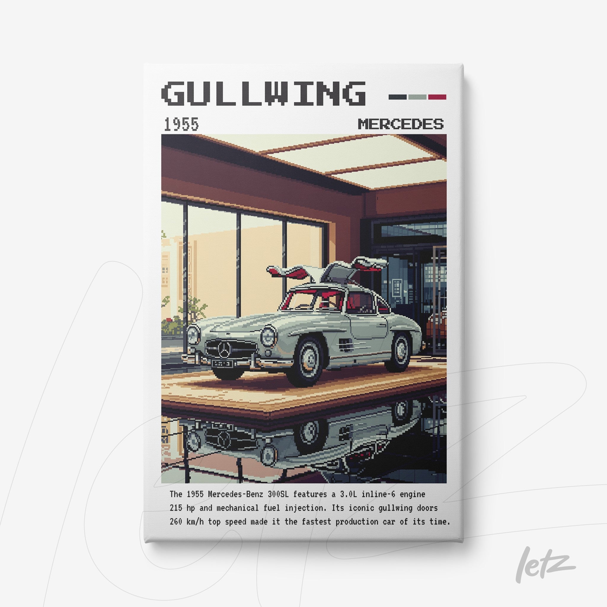 canvas print featuring a pixelated illustration of the 1955 Mercedes-Benz 300SL Gullwing displayed in a room with large windows