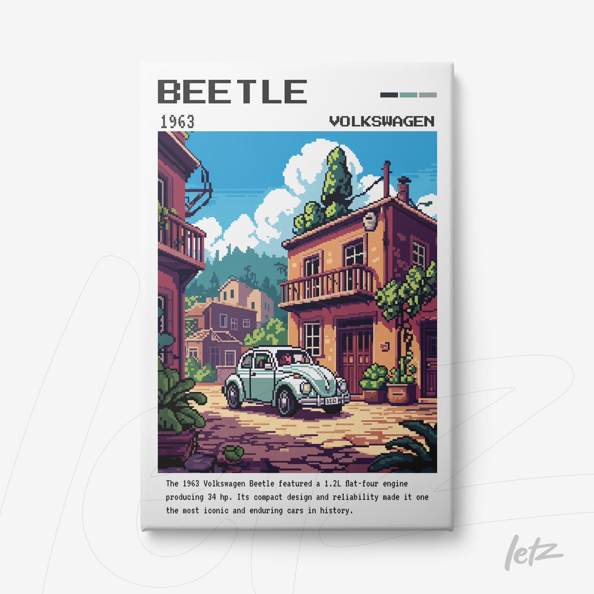framed retro digital artwork of the 1963 Volkswagen Beetle car with a vibrant urban scene background
