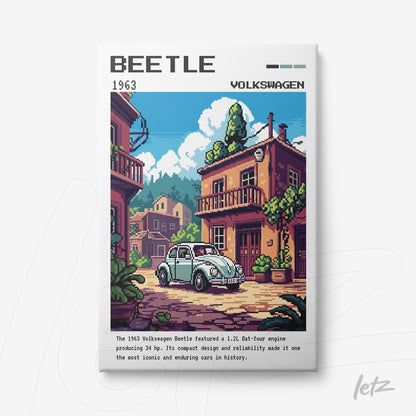 framed retro digital artwork of the 1963 Volkswagen Beetle car with a vibrant urban scene background
