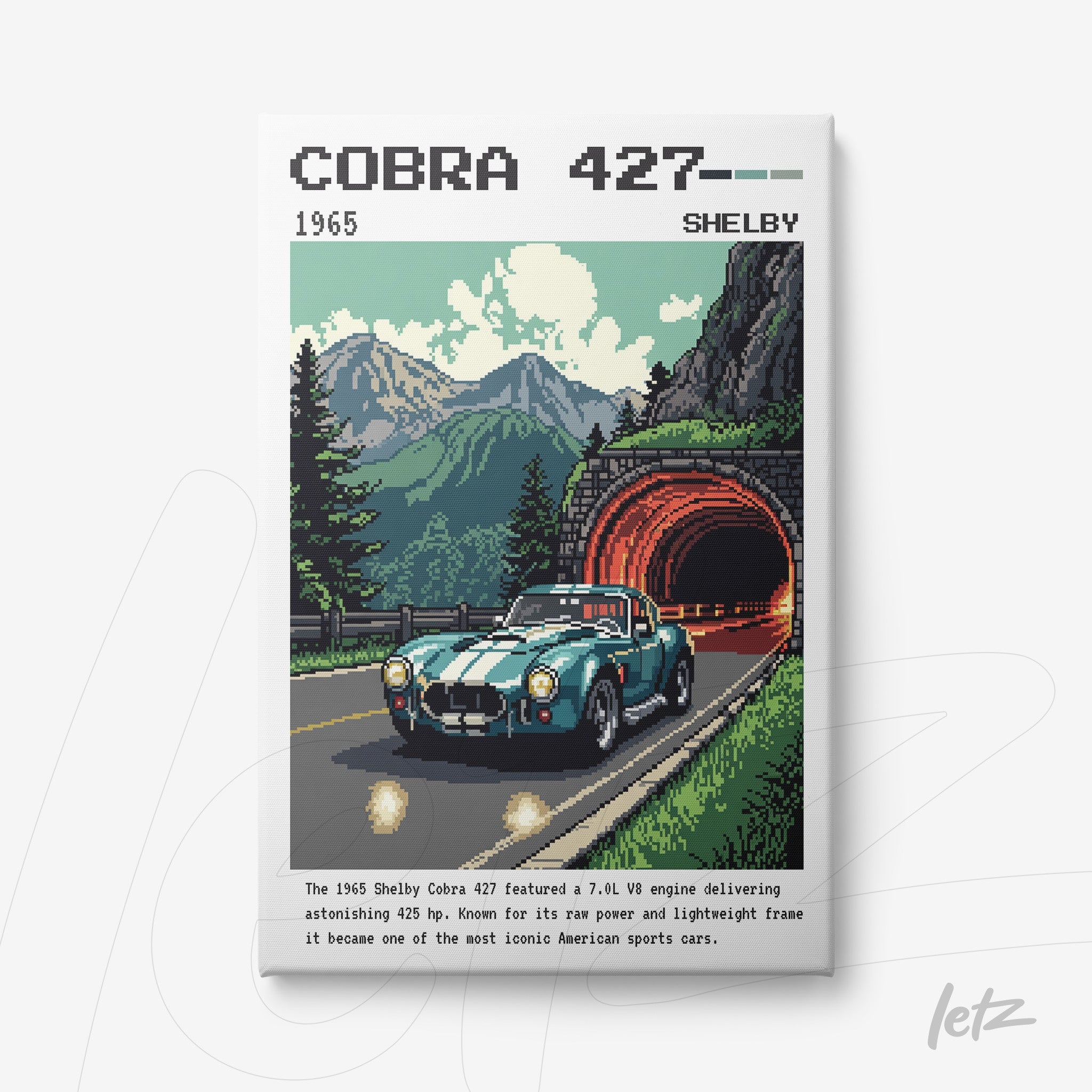 retro style art of a Shelby Cobra 427 on a road with mountains in the background