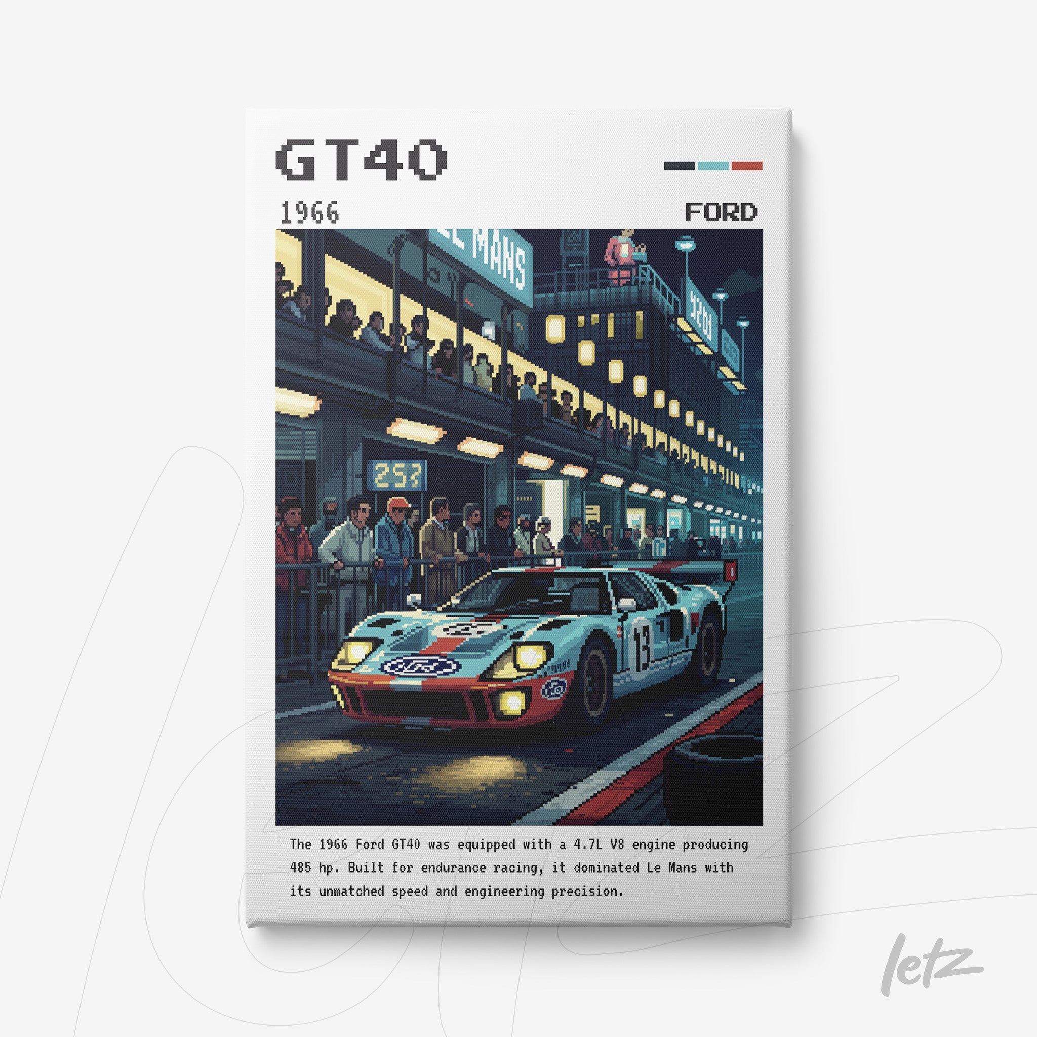 digital art print of the Ford GT40 racing car in a nighttime racing scene with spectators and illuminated surroundings