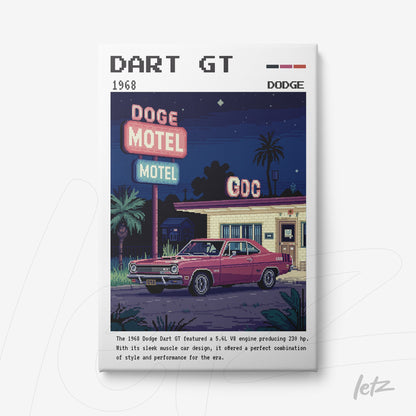 pixel art illustration of a 1968 Dodge Dart GT parked in front of a motel with glowing neon signs against a nighttime backdrop