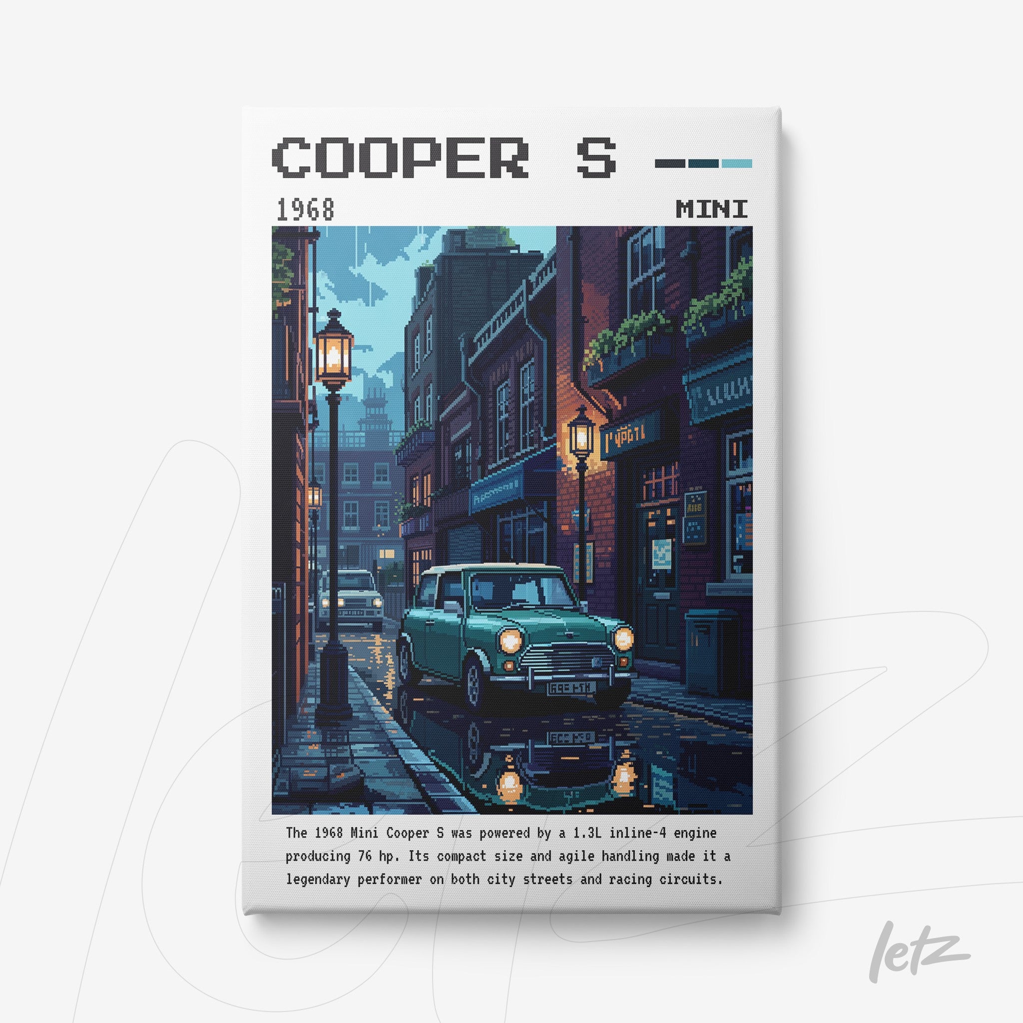 pixel art framed print featuring a 1968 Mini Cooper S car in an urban street setting lit by street lamps