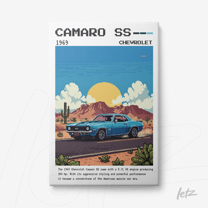 framed digital artwork of a 1969 Chevrolet Camaro SS in pixel art style with a desert background and setting sun