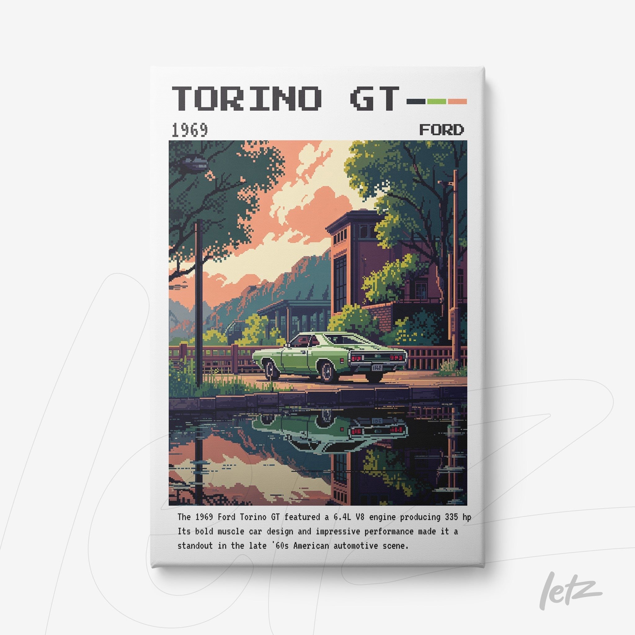 canvas print featuring digital art of a 1969 Ford Torino GT with a retro style, surrounded by greenery and reflection on the water