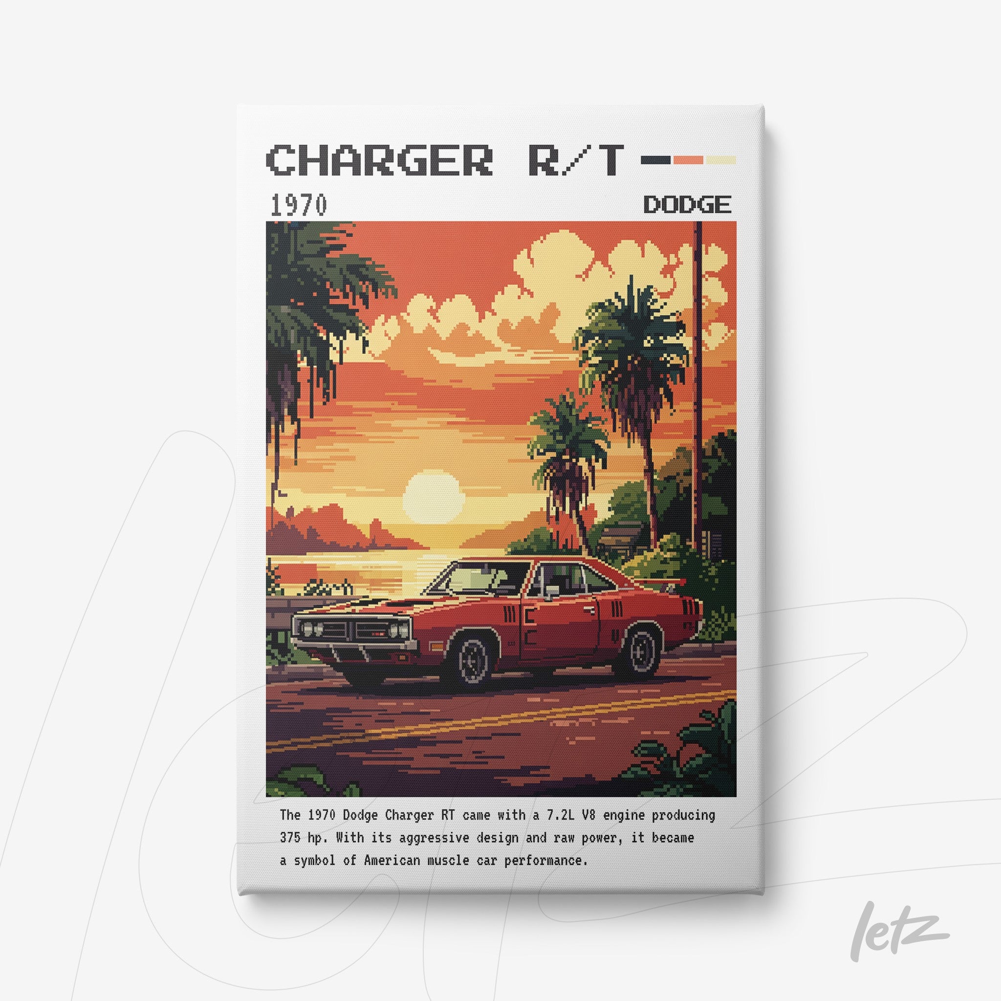 retro-style wall art featuring a 1970 Dodge Charger R/T in a tropical setting with palm trees