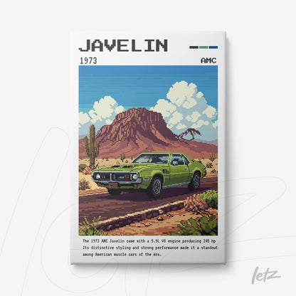 retro style art of a green AMC Javelin car in a desert landscape with mountains in the background