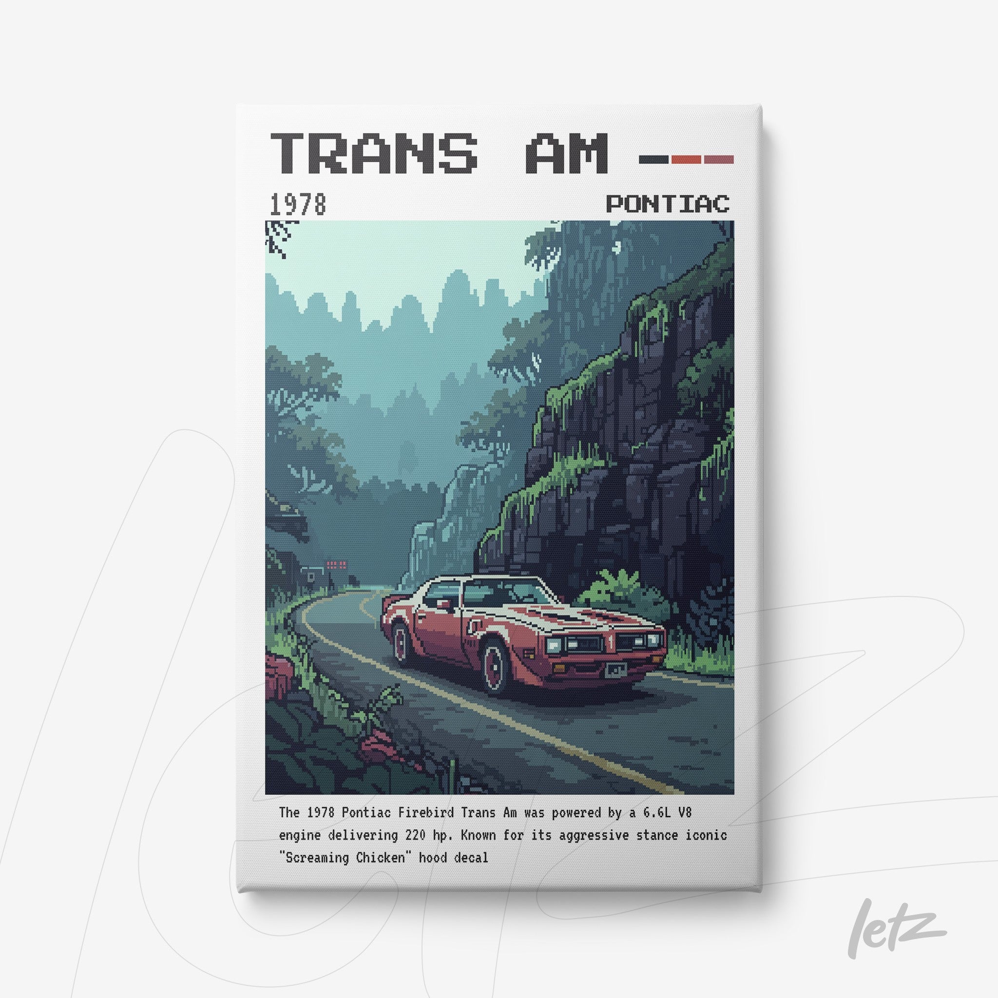 digital artwork of 1978 Pontiac Trans Am on mountain road