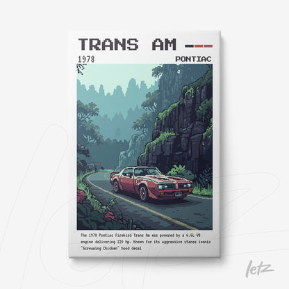 digital artwork of 1978 Pontiac Trans Am on mountain road