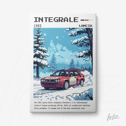 canvas print featuring a pixel art illustration of a Lancia Delta Integrale car surrounded by snow-covered trees