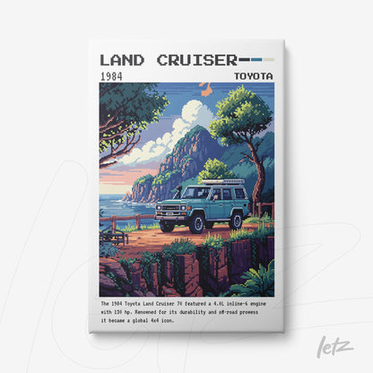 pixelated wall art featuring a 1984 Toyota Land Cruiser in a coastal landscape with mountains and sea in the background
