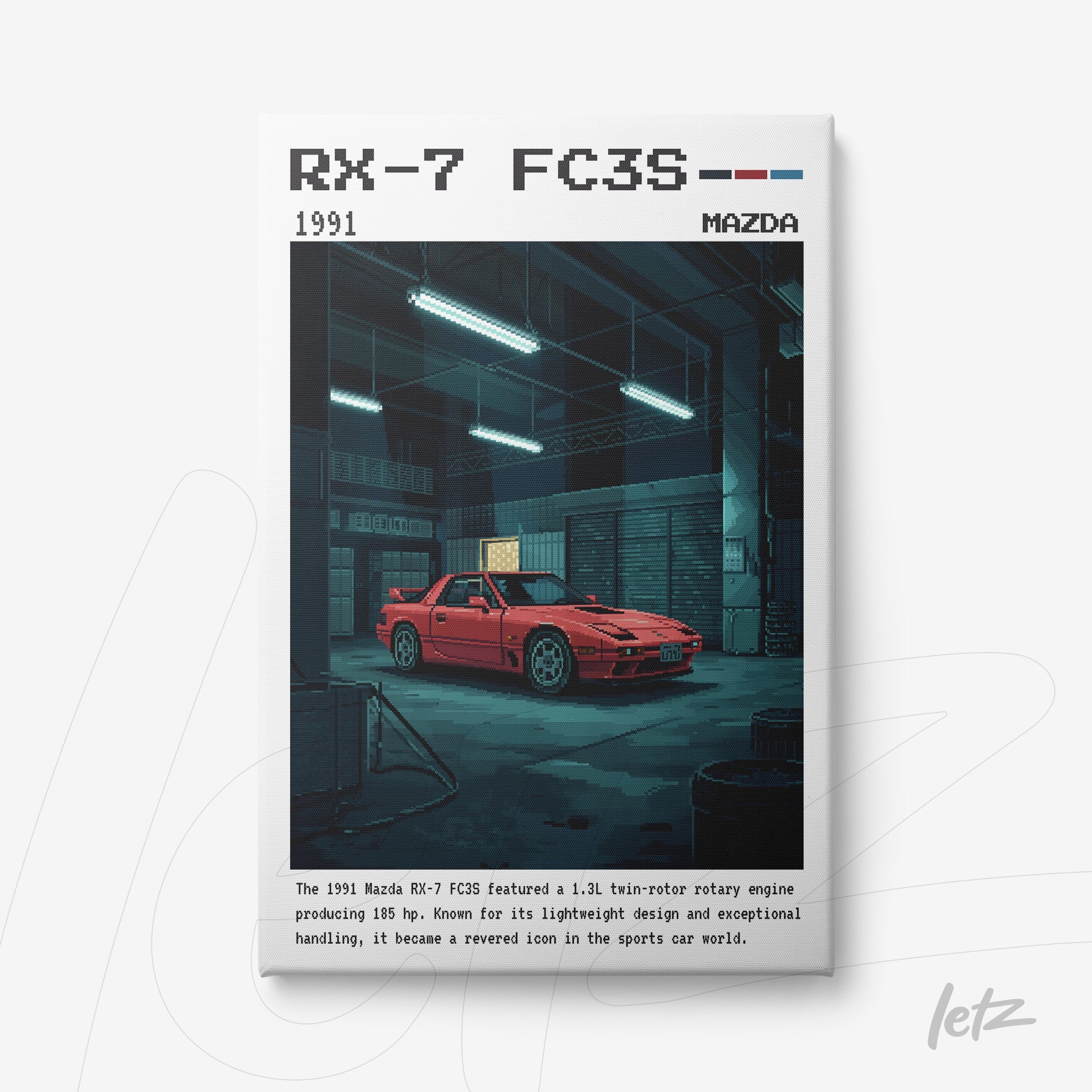 pixel art wall art featuring a 1991 Mazda RX-7 FC3S in a garage setting