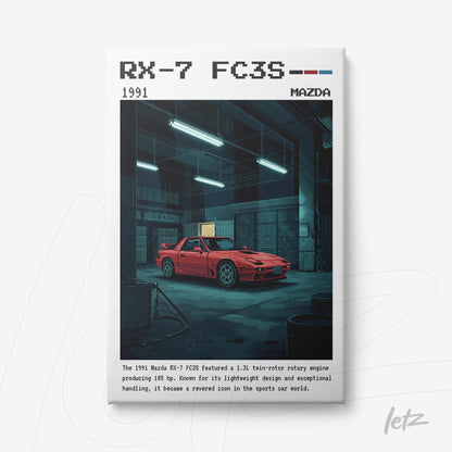pixel art wall art featuring a 1991 Mazda RX-7 FC3S in a garage setting