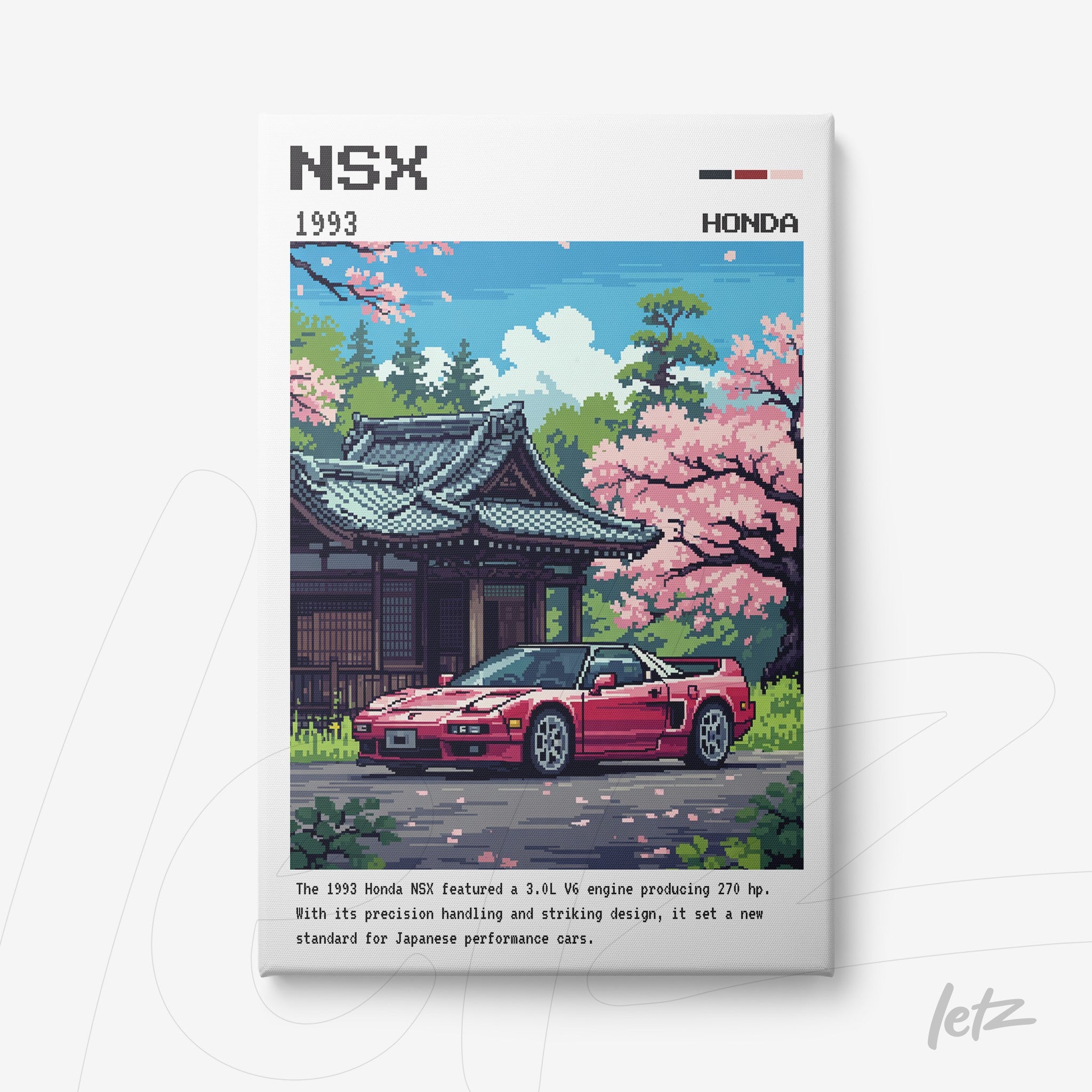 canvas print featuring pixel art of a red Honda NSX in front of a Japanese temple surrounded by cherry blossom trees
