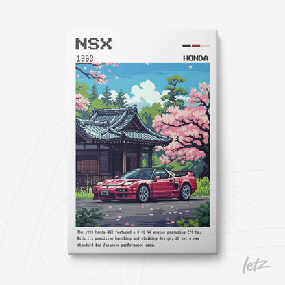 canvas print featuring pixel art of a red Honda NSX in front of a Japanese temple surrounded by cherry blossom trees