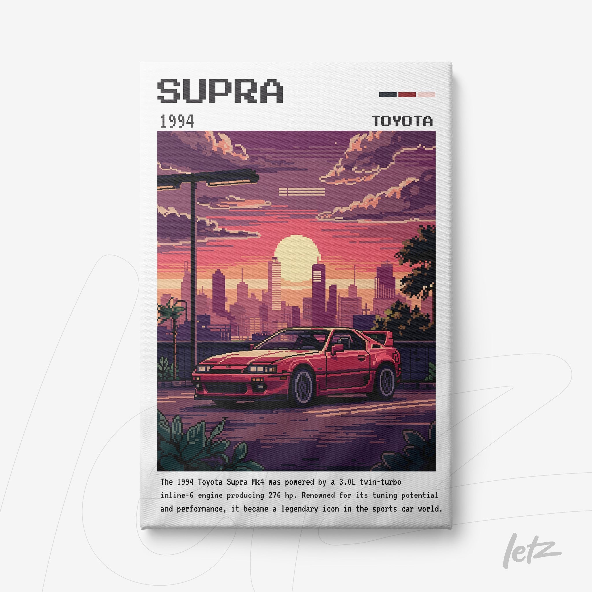 pixel art wall art featuring a 1994 Toyota Supra against a sunset urban backdrop