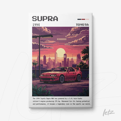 pixel art wall art featuring a 1994 Toyota Supra against a sunset urban backdrop