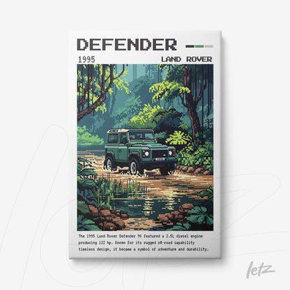 pixel art poster of the 1995 Land Rover Defender in a natural setting with dense foliage and reflection in the water
