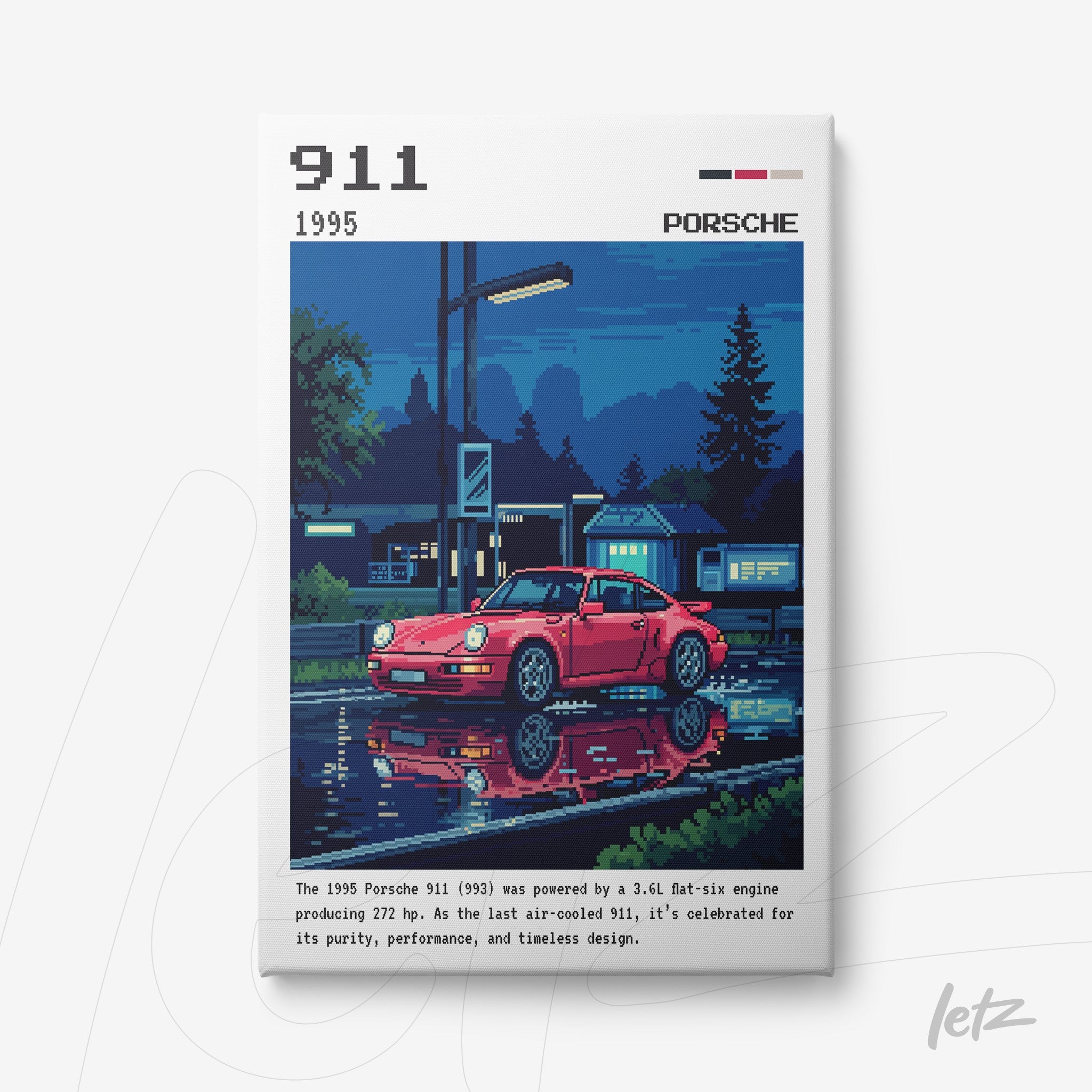 pixel art of a 1995 red Porsche 911 displayed against a night backdrop with reflections on the water
