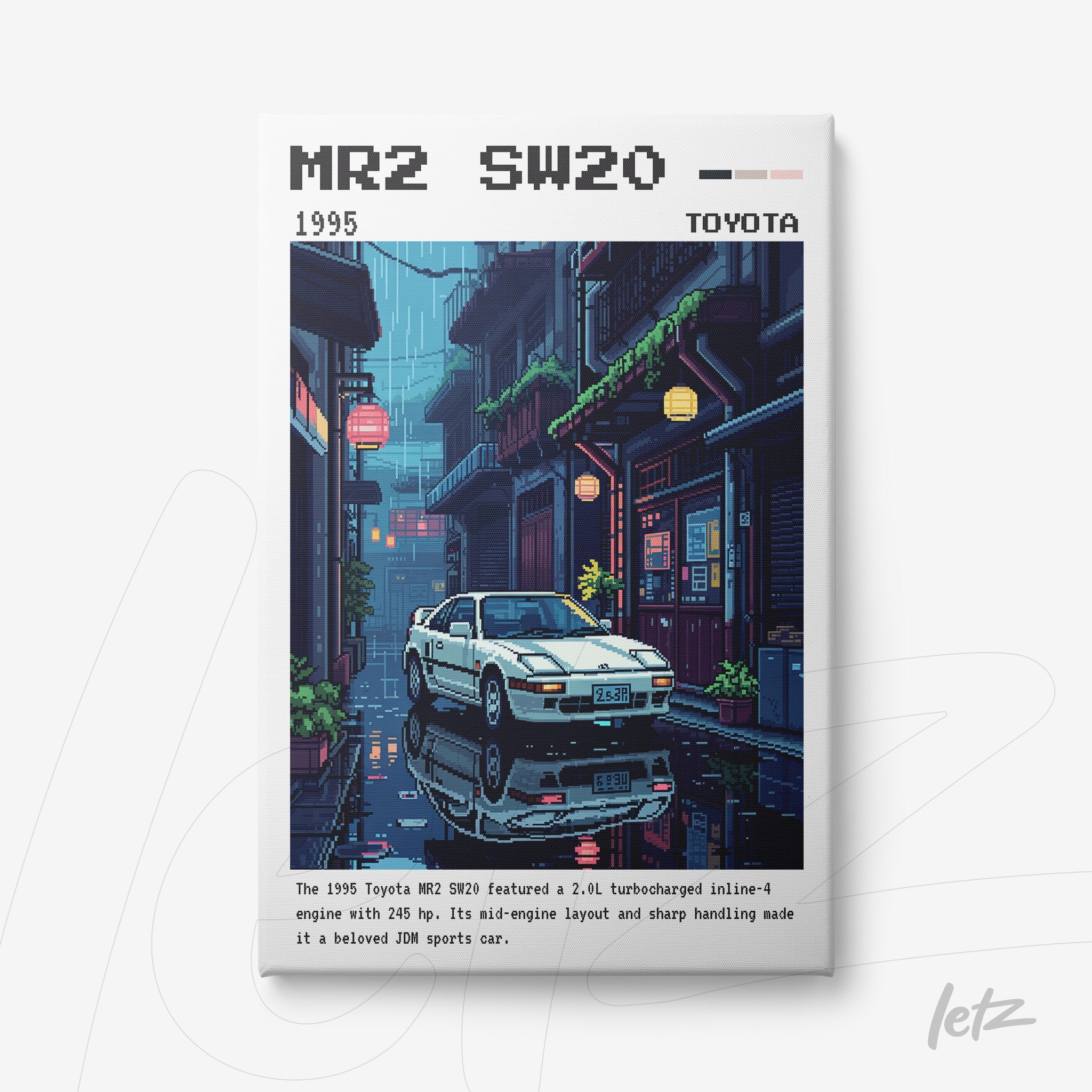 pixel art framed print of a Toyota MR2 in a nighttime urban setting with illuminated buildings and reflections on wet pavement