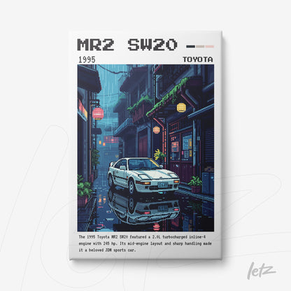 pixel art framed print of a Toyota MR2 in a nighttime urban setting with illuminated buildings and reflections on wet pavement
